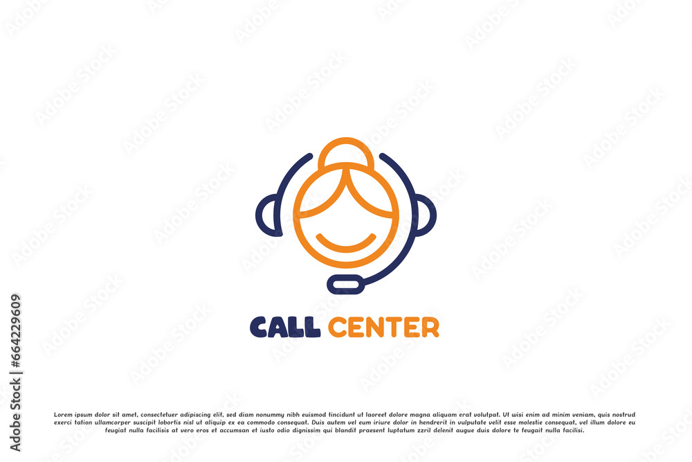 Female call center logo design illustration. Flat silhouette human woman head face wearing headphones mic headset earphone communication chat help report. Modern simple minimalist masculine icon.