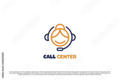 Female call center logo design illustration. Flat silhouette human woman head face wearing headphones mic headset earphone communication chat help report. Modern simple minimalist masculine icon.