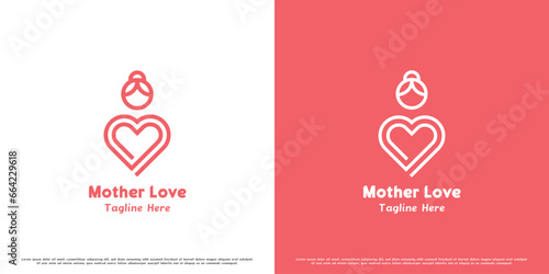Mother love affection logo design illustration. Flat line silhouette of mother heart shape love affection caring parenting like desire tenderness. Modern minimalist icon simple warm adorable feminine.
