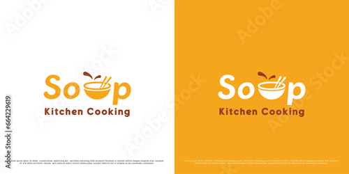 Soup culinary logo design illustration. Silhouette shadow of food soup spoon broth culinary local traditional food stall cooking cafe eatery chef logotype. Modern minimalist simple flat concept icon.