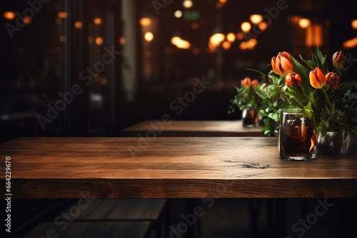 Mockup on a wooden Table in Luxury restaurant, realistic photography style