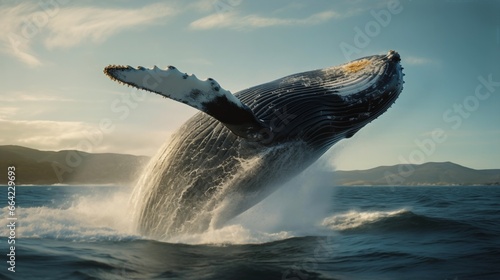Whale leaping over ocean near an island