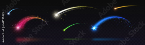 Trace of shooting star in form of arch. Realistic vector illustration of various colors falling meteor with arc glowing trail with sparkles. Flying space object or magic wand light trail with glitter.