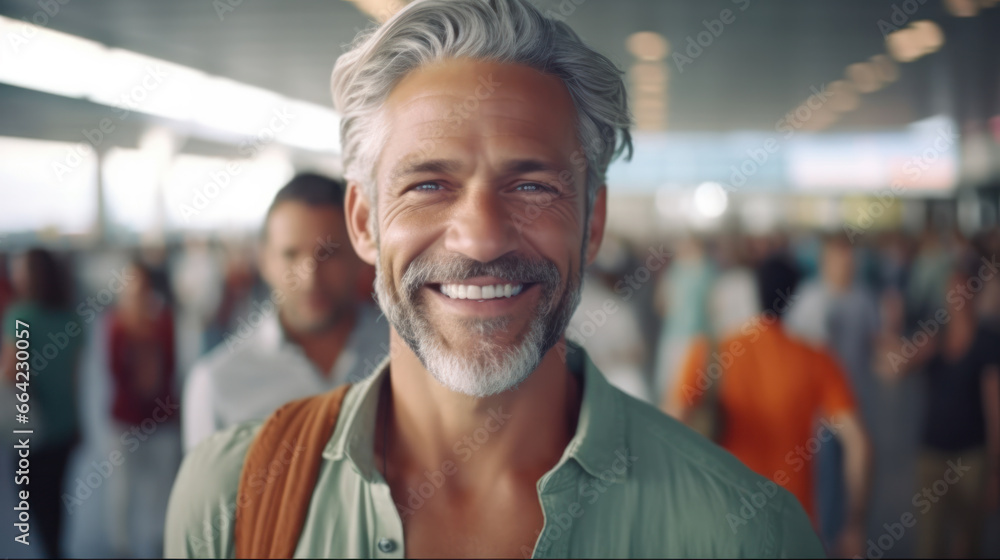 Fototapeta premium Cropped closeup portrait of caucasian mature middle-aged man looking at camera and smiling with people crowd on background