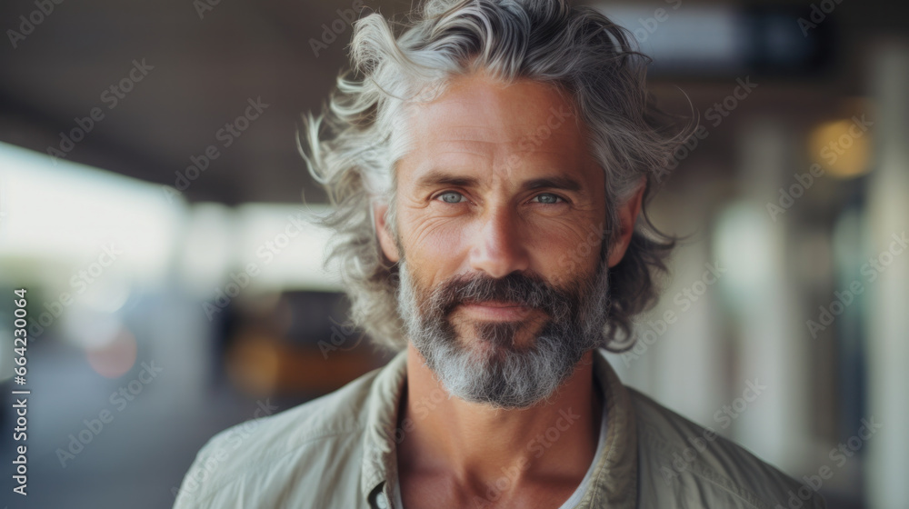 Cropped closeup portrait of caucasian mature middle-aged man looking at camera and smiling with people crowd on background Cropped closeup portrait of caucasian mature middle-aged man looking at camera and smiling with people crowd on background