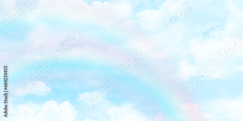 Sunny background, blue sky with white clouds and rainbow, vector illustration.