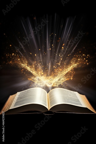 Open book with flying pages and rays of light on dark background © LaxmiOwl