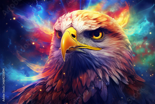 an eagle with a background of stars and colorful clouds