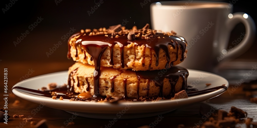 Homemade pancakes with chocolate topping and nuts with coffee cup   Start Your Day Right with Homemade Pancakes, Luscious Chocolate Topping, Nutty Goodness, and a Fresh Brewed Coffee Cup AI Generative