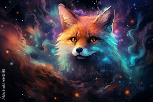 a fox with a background of stars and colorful clouds