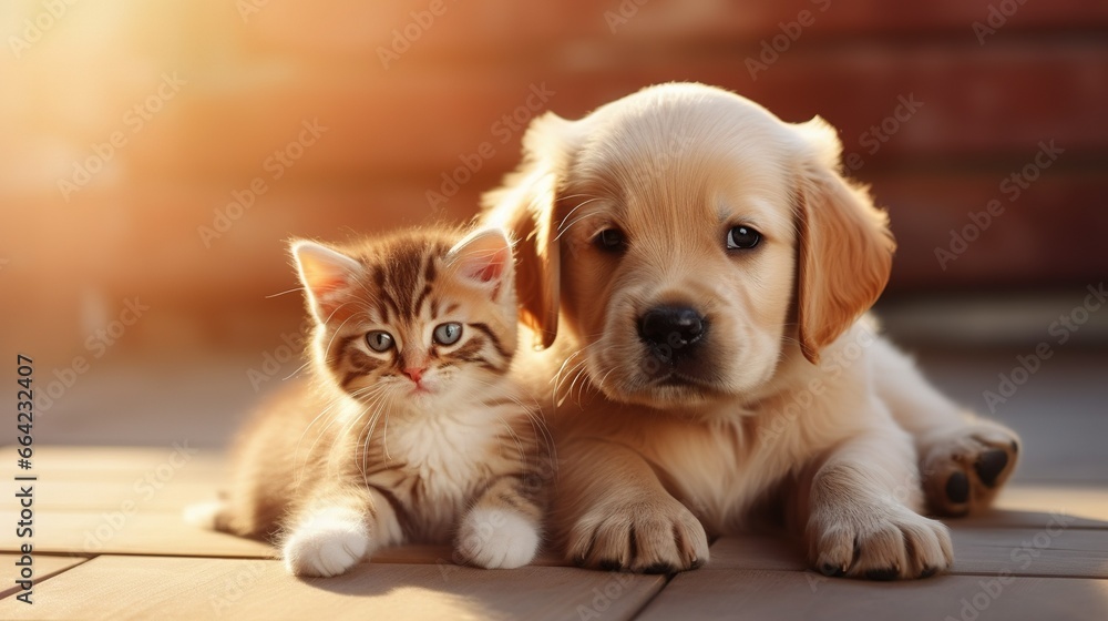 Photography of A cute kitten with a cute puppy - obrazy, fototapety, plakaty 
