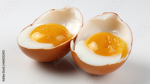 Whole egg and broken yolk in half, isolated on white background.