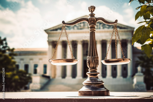 Scales of justice in front of court building. Justice and law concept.