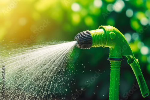 Watering garden with a hose in summer heat. Close up shot of watering hose.