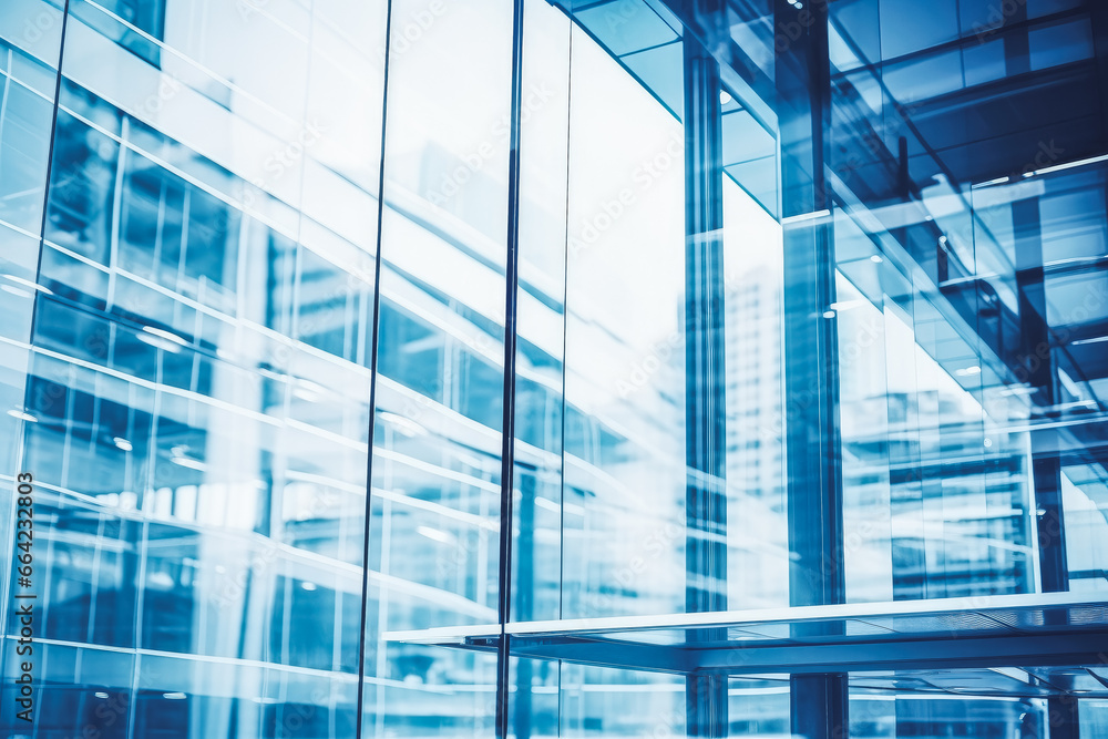Obraz premium Modern business center in glass bottom up shot. Blue urban environment.