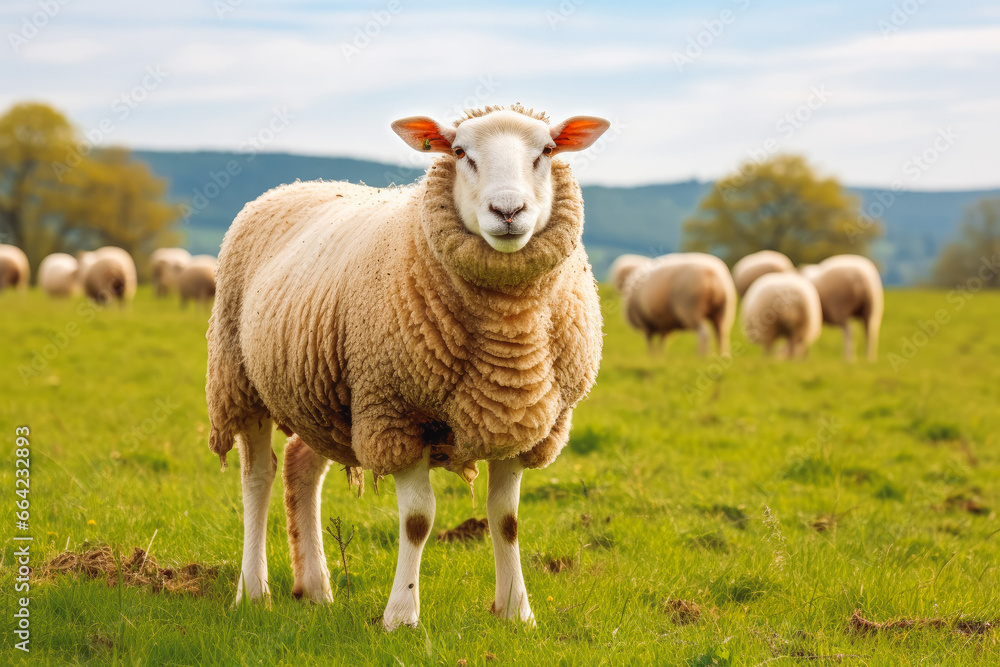 Sheep on pasture. Group of sheep in meadow. One sheep looking at camera and herd in background. Sheep on pasture. Group of sheep in meadow. One sheep looking at camera and herd in background.