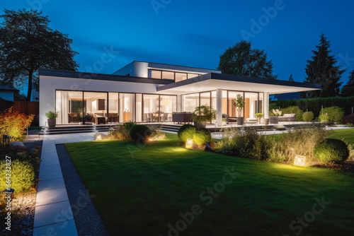 Modern house with garden at night. Green garden on left. Modern open space architecture of house and front lawn.