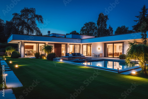Modern house with garden at night. Green garden on left. Modern open space architecture of house and front lawn.