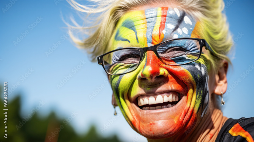 Senior woman having fun with face art. Soccer, football, rugby, hockey team fan, sport event, face paint and patriotism concept. Studio shot copy space Senior woman having fun with face art. Soccer, football, rugby, hockey team fan, sport event, face paint and patriotism concept. Studio shot copy space