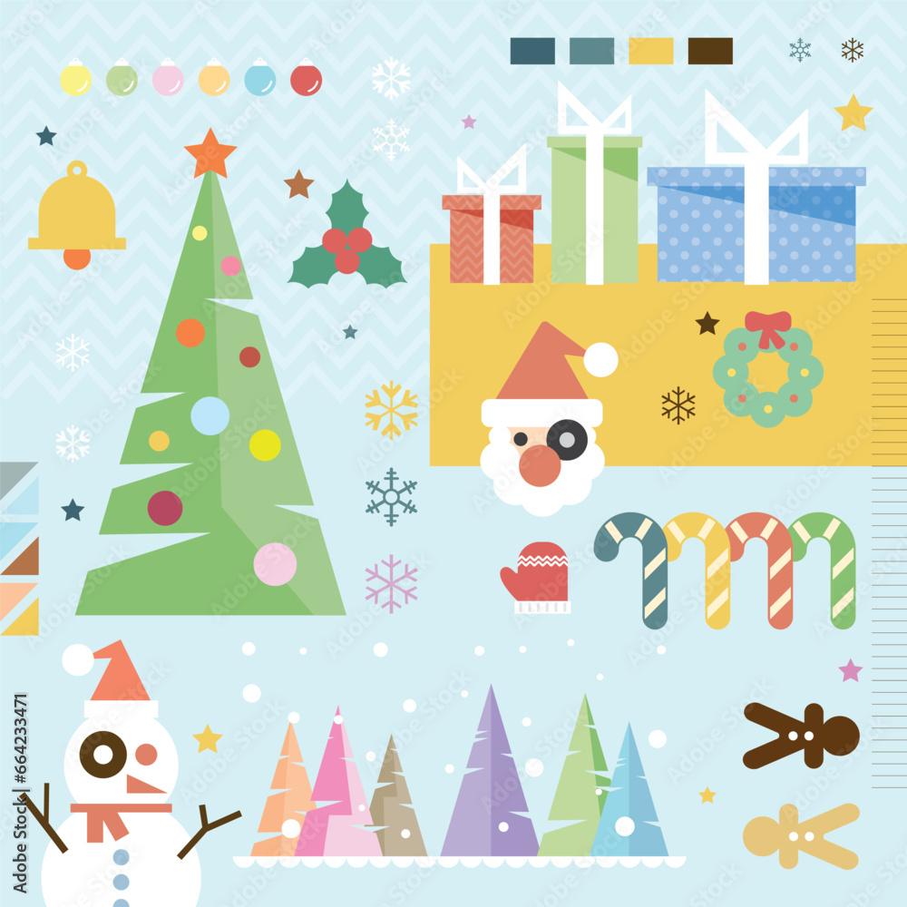 Christmas geometric elements pastel colors vector illustration. Christmas symbols composition flat design, geometry, minimal and vintage concept.