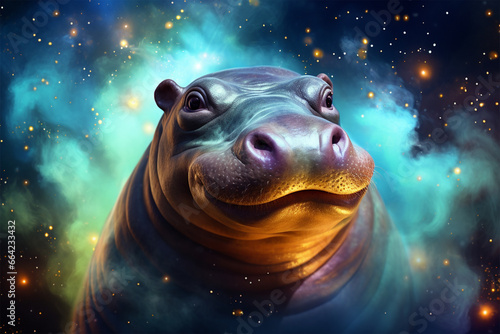 a hippo with a background of colorful stars and clouds