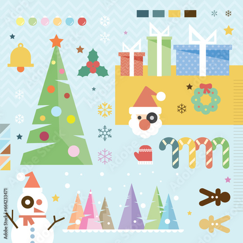 Christmas geometric elements pastel colors vector illustration. Christmas symbols composition flat design, geometry, minimal and vintage concept.