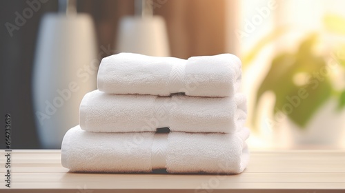 White clean towels on the wooden table in the bathroom.