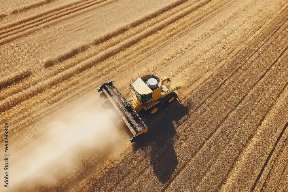Aerial View Captures Combine Harvester In Rapeseed Field