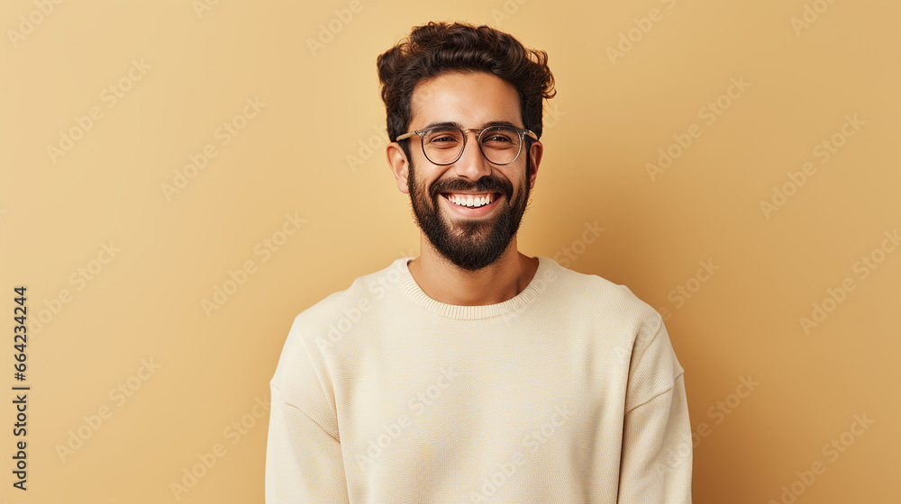 Obraz premium A man with a beard smiling happily on a cream background
