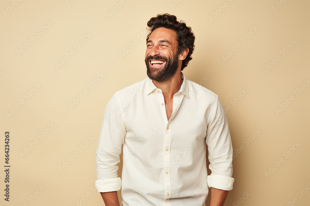 A man with a beard smiling happily on a cream background A man with a beard smiling happily on a cream background