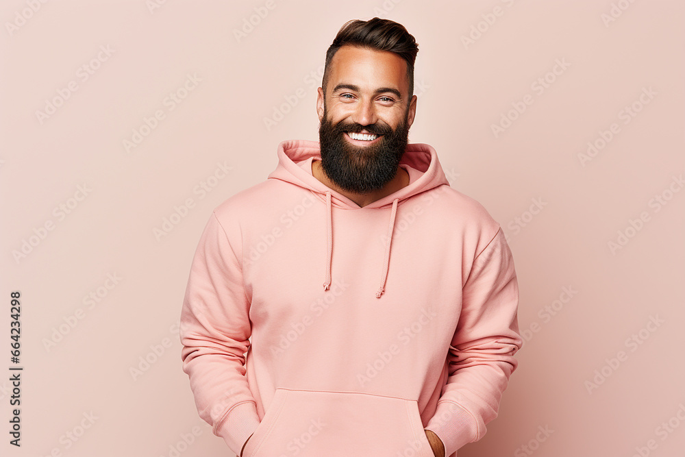A man with a beard smiling happily on a cream background
