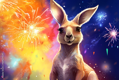 a kangaroo with a background of stars and colorful clouds