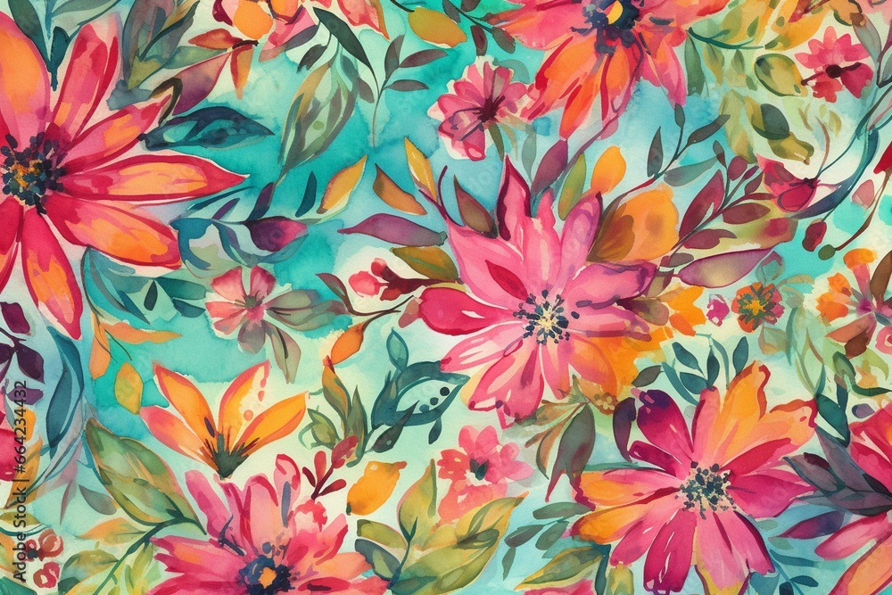 Flowers in a repeated pattern with vibrant, watercolor-like colors. Generative AI