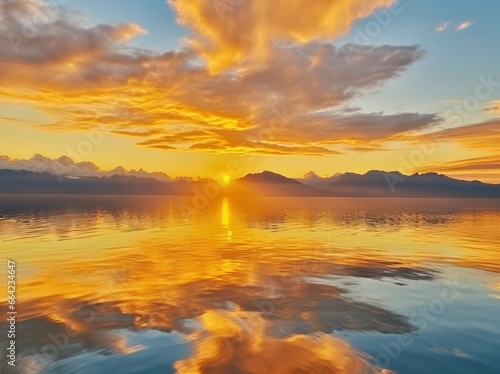 Bright sunset over Lake golden clouds reflect in the water. © AbdulHamid