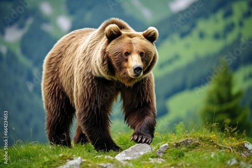 Brown bear moving on the green meadow in springtime nature. © AbdulHamid