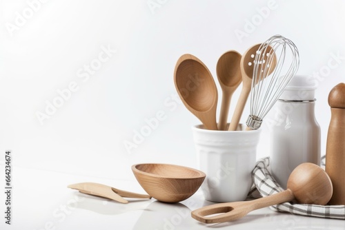Kitchen utensils and accessories on a white background. Generative AI