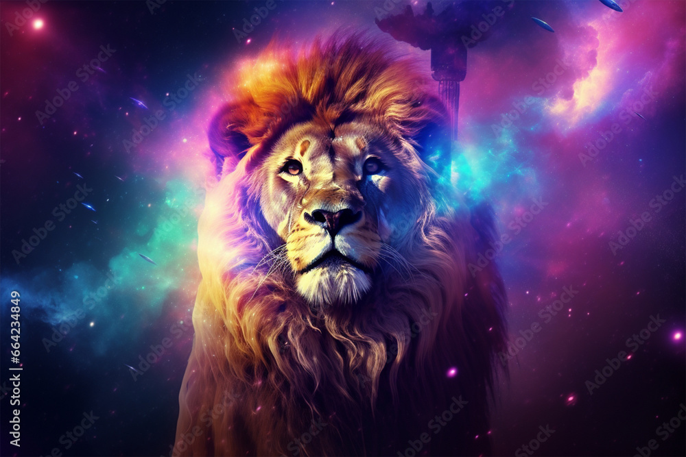 a lion with a background of stars and colorful clouds