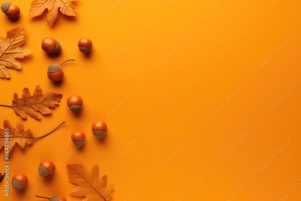 Fototapeta premium Autumn Leaves And Acorns Adorn An Orange Background, Evoking Thanksgiving Vibes