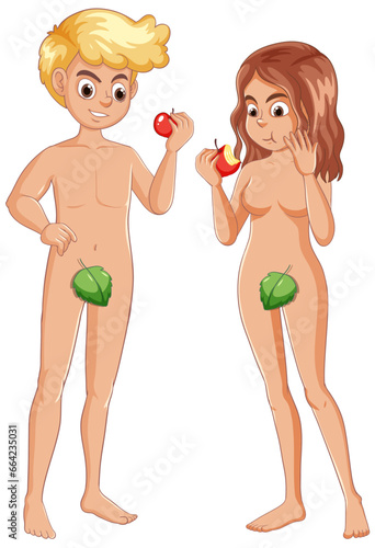 Adam and Eve Cartoon Characters Eating Apple
