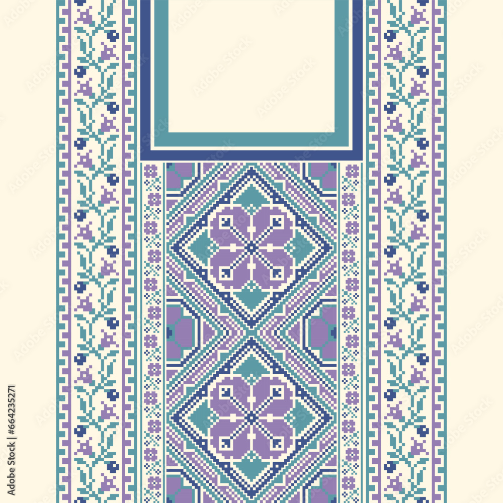 Obraz premium floral embroidery neckline background. ikat and cross stitch geometric seamless pattern ethnic oriental traditional. Aztec style illustration design for carpet, wallpaper, clothing, wrapping, batik.