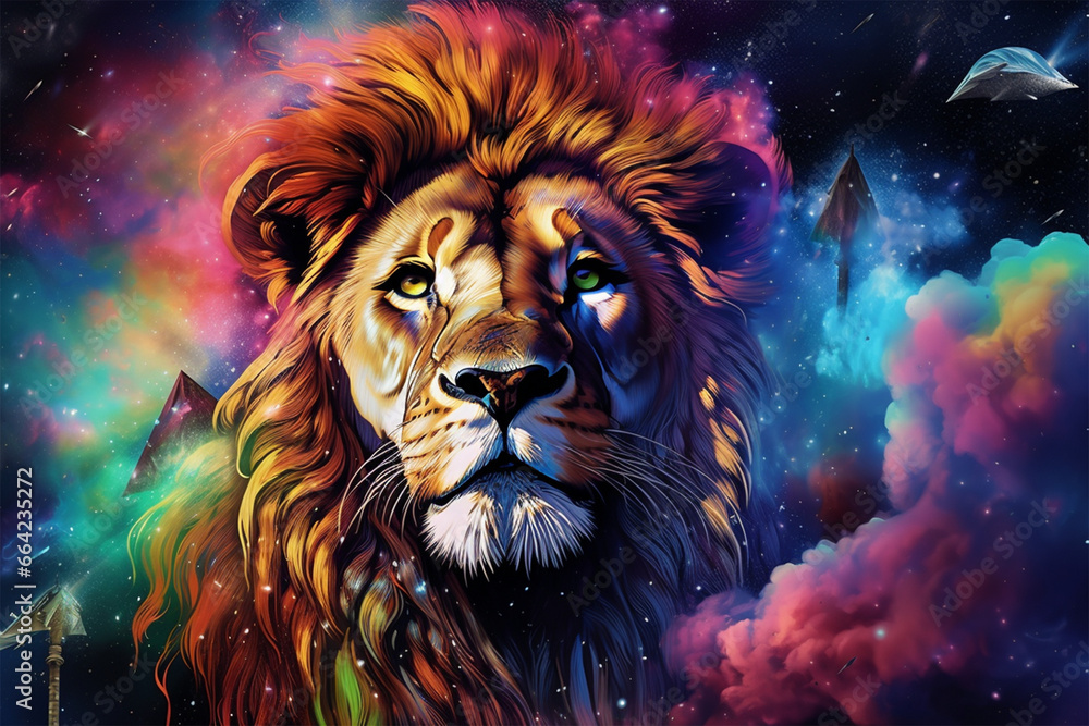 a lion with a background of stars and colorful clouds