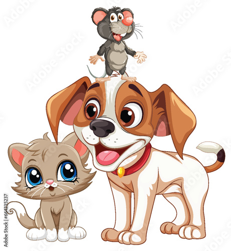 Happy Cartoon Characters  Friendly Rat  Dog  and Cat