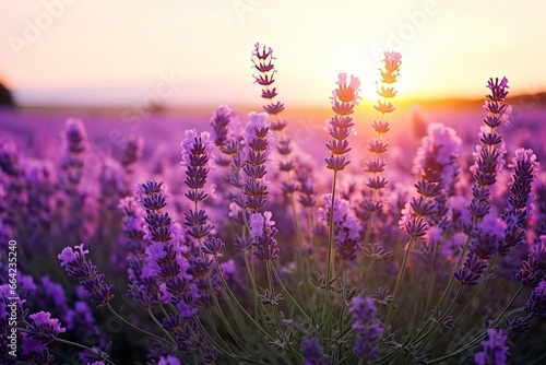Close up lavender flowers in beautiful field at sunset. photo