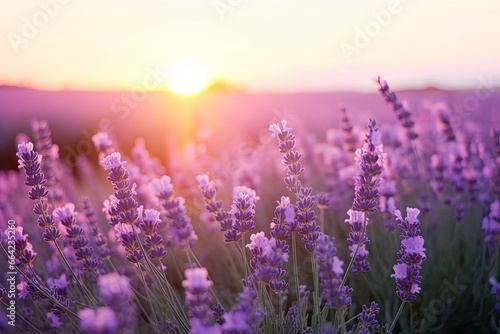 Close up lavender flowers in beautiful field at sunset.