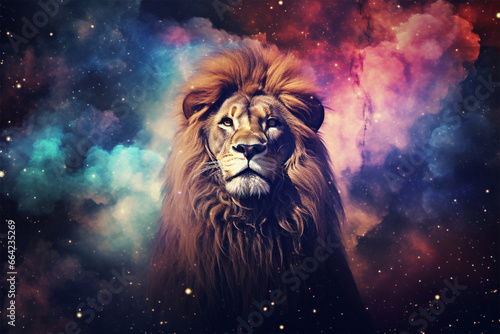 a lion with a background of stars and colorful clouds