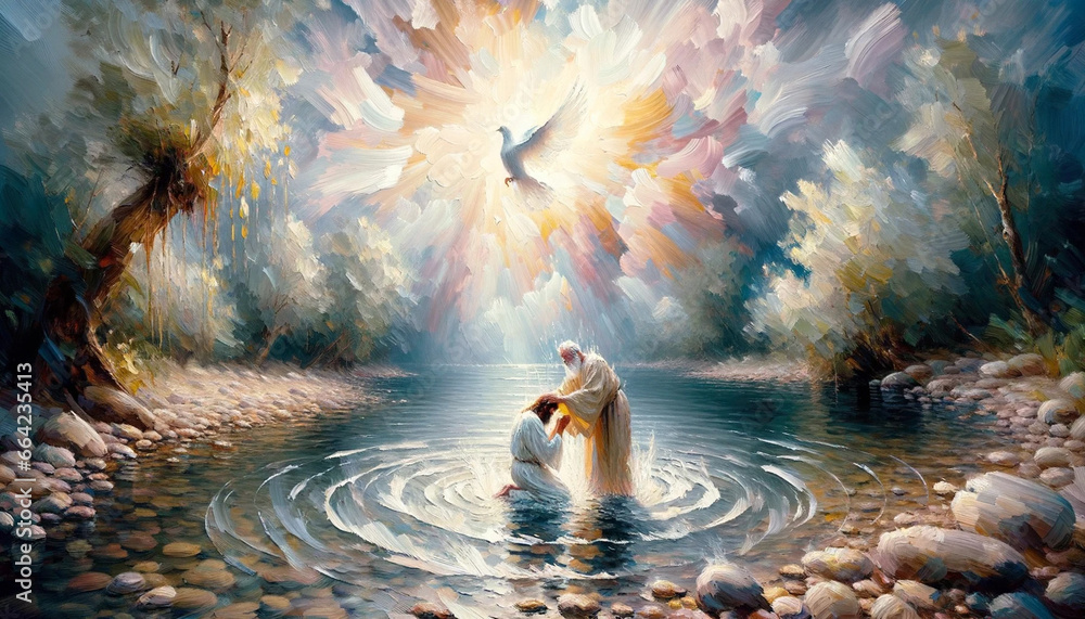 The Baptism of Jesus Christ by John the Baptist and with the Holy Spirit: In Gentle Watercolor Ripples - obrazy, fototapety, plakaty 