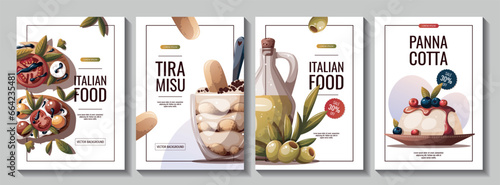Set of flyers with Italian bruschetta, tiramisu, oliveoil,, Panna cotta. Italian food, healthy eating, cooking, recipes, restaurant menu concept. Vector illustration for card, poster, banner.