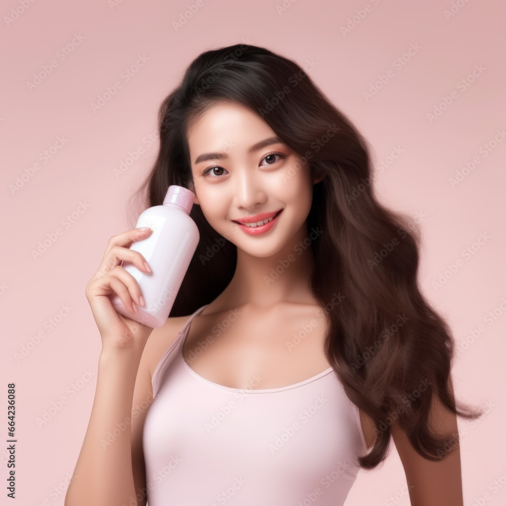 Smiling Asian woman holding mockup product bottle cosmetic for advertising Smiling Asian woman holding mockup product bottle cosmetic for advertising