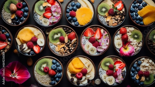 Fruit smoothie bowl flat lay