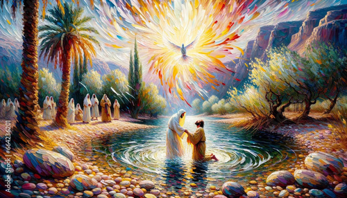 Slika na platnu Colorful Waves of Grace: Jesus Christ's Baptism by John the Baptist and with the Holy Spirit